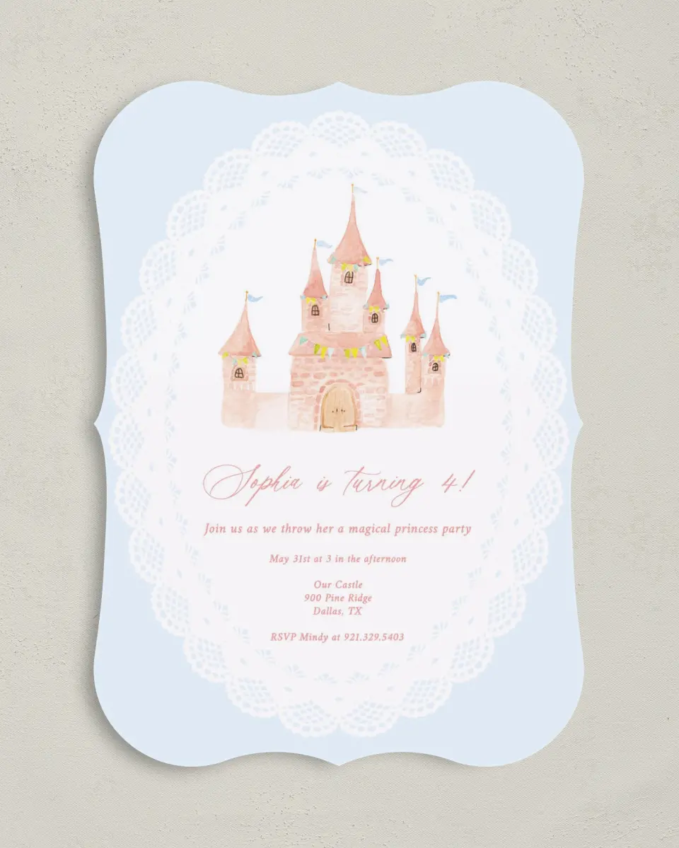 This is a 5" x 7" Birthday Party Invitation called Princess Castle printed in full color with Gold foil on Luxe Satin (coated) paper