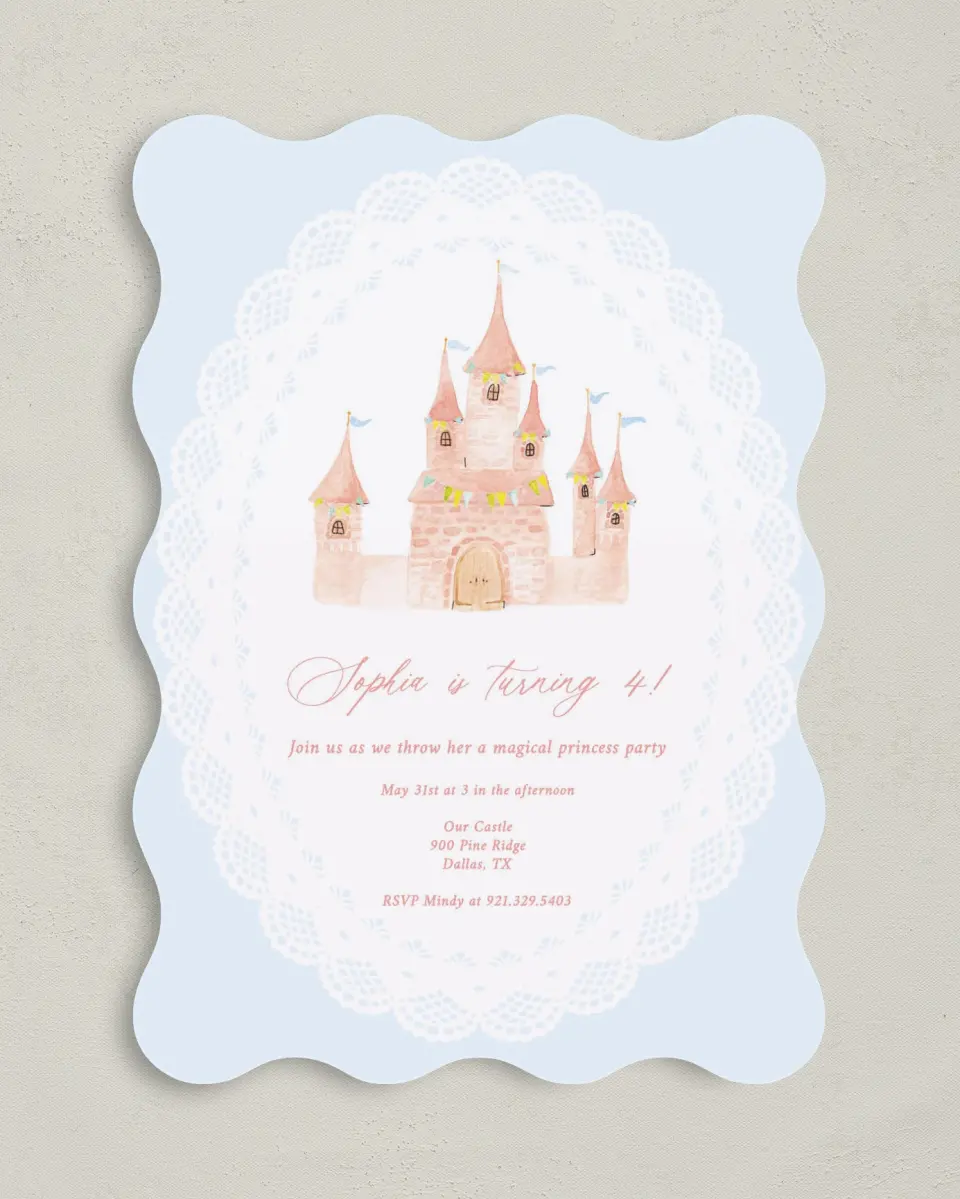 This is a 5" x 7" Birthday Party Invitation called Princess Castle printed in full color on Premium Smooth paper
