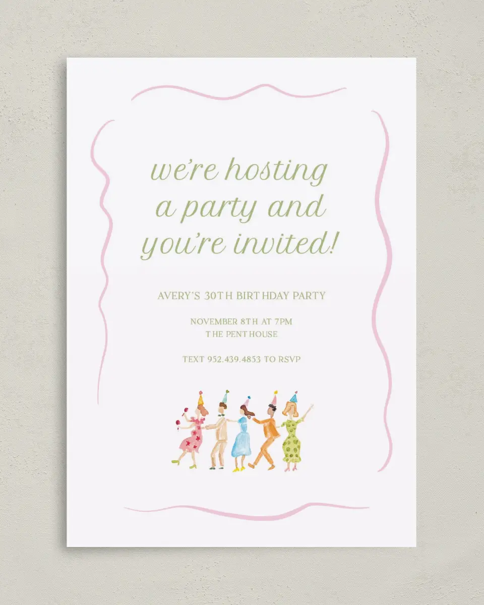 This is a 5" x 7" Birthday Party Invitation called Dance Party printed in full color on Premium Smooth paper