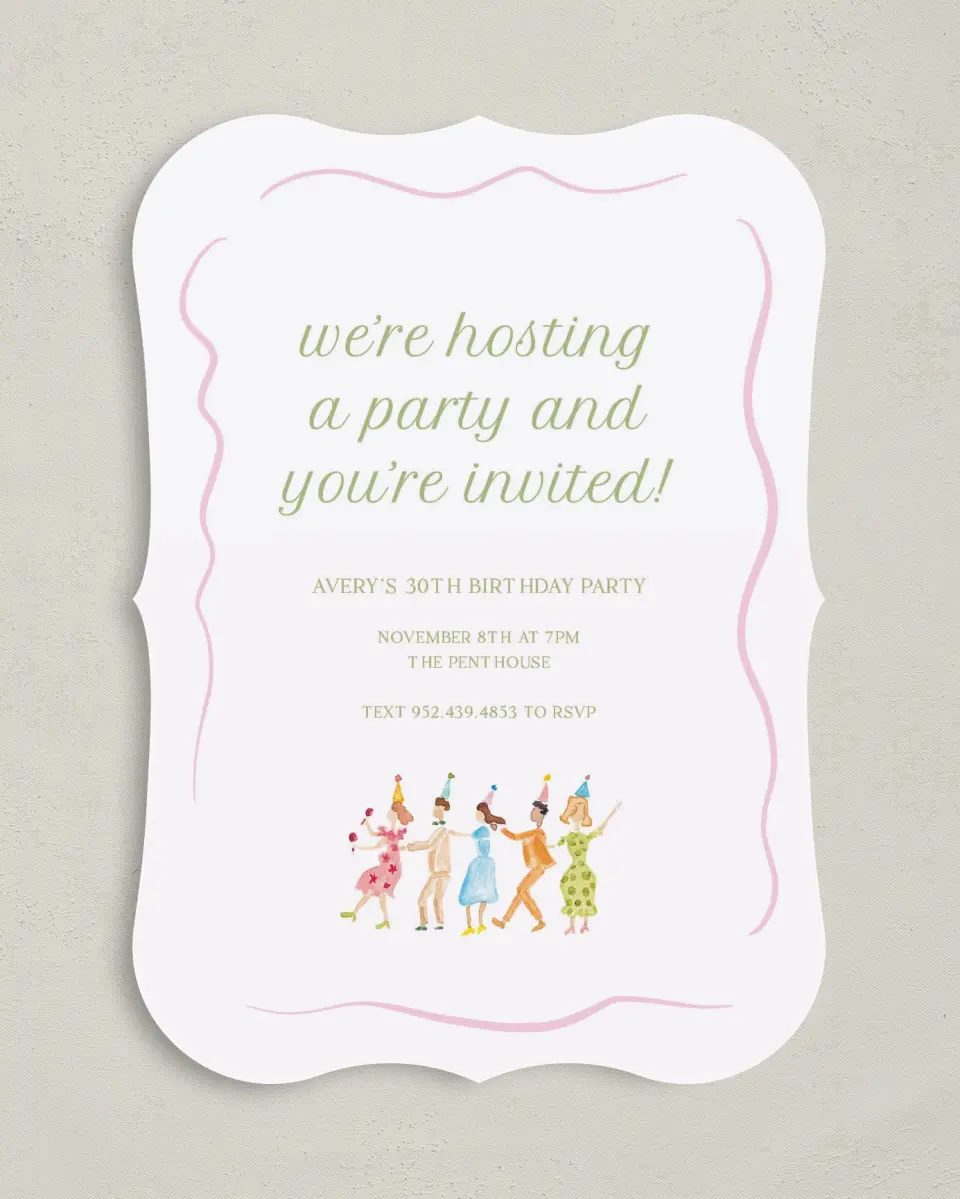 This is a 5" x 7" Birthday Party Invitation called Dance Party printed in full color with Gold foil on Luxe Satin (coated) paper