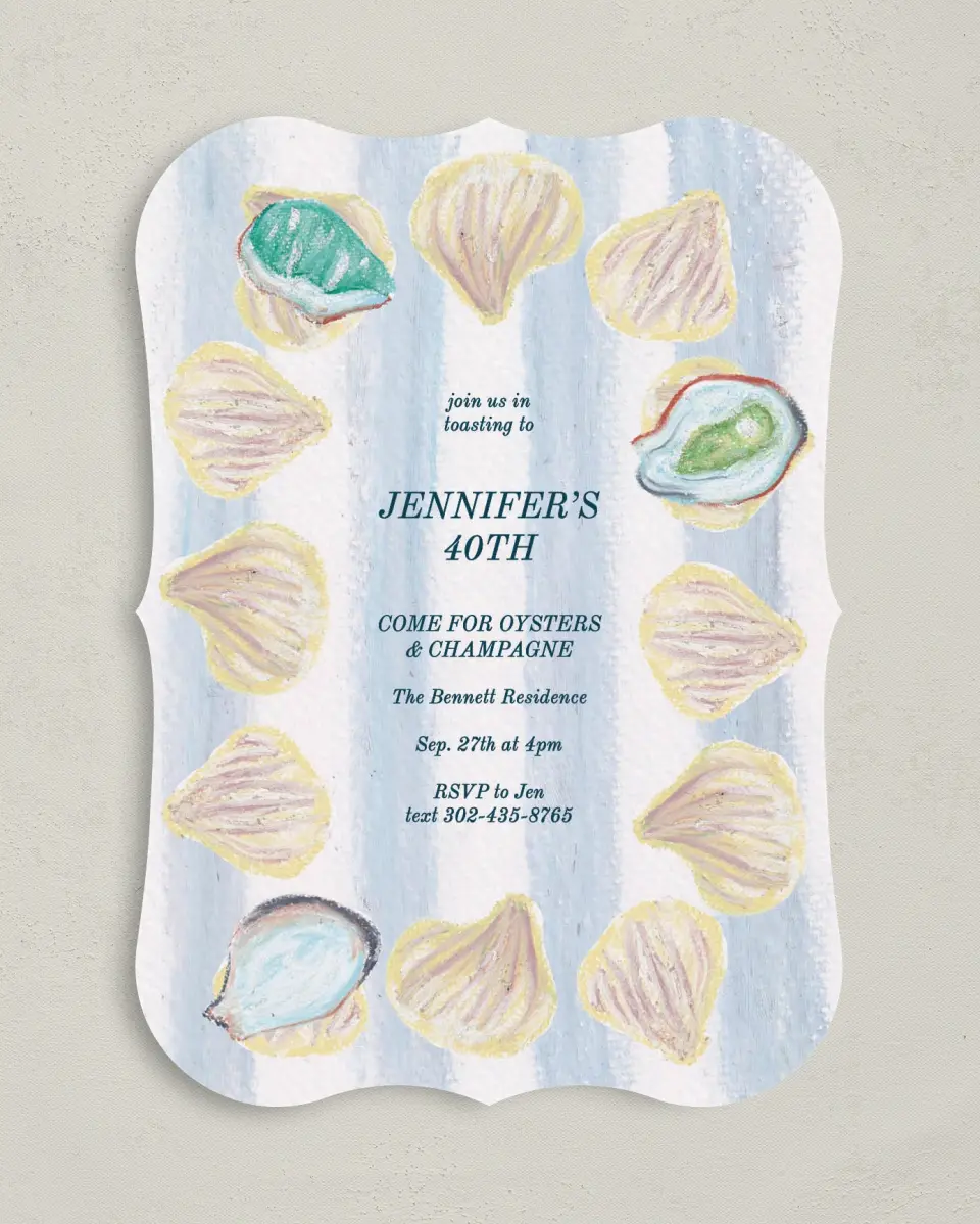 This is a 5" x 7" Birthday Party Invitation called Shucking Party printed in full color with Gold foil on Luxe Satin (coated) paper