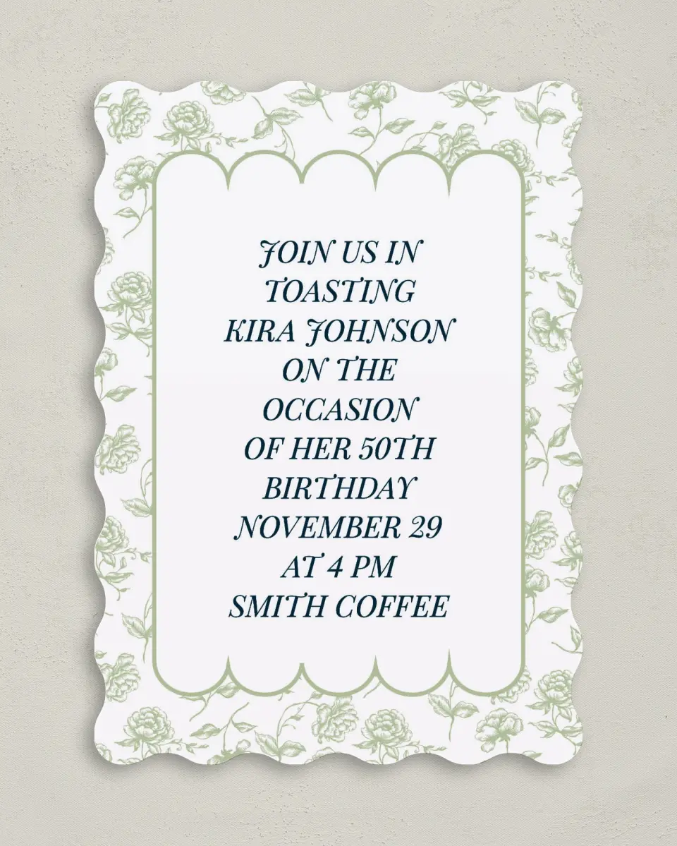 This is a 5" x 7" Birthday Party Invitation called Floral Scallops printed in full color on Premium Smooth paper
