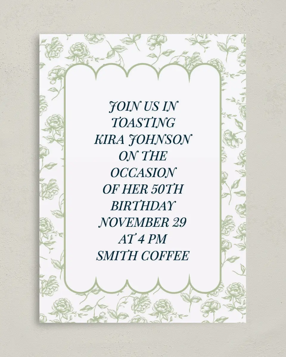 This is a 5" x 7" Birthday Party Invitation called Floral Scallops printed in full color on Premium Smooth paper