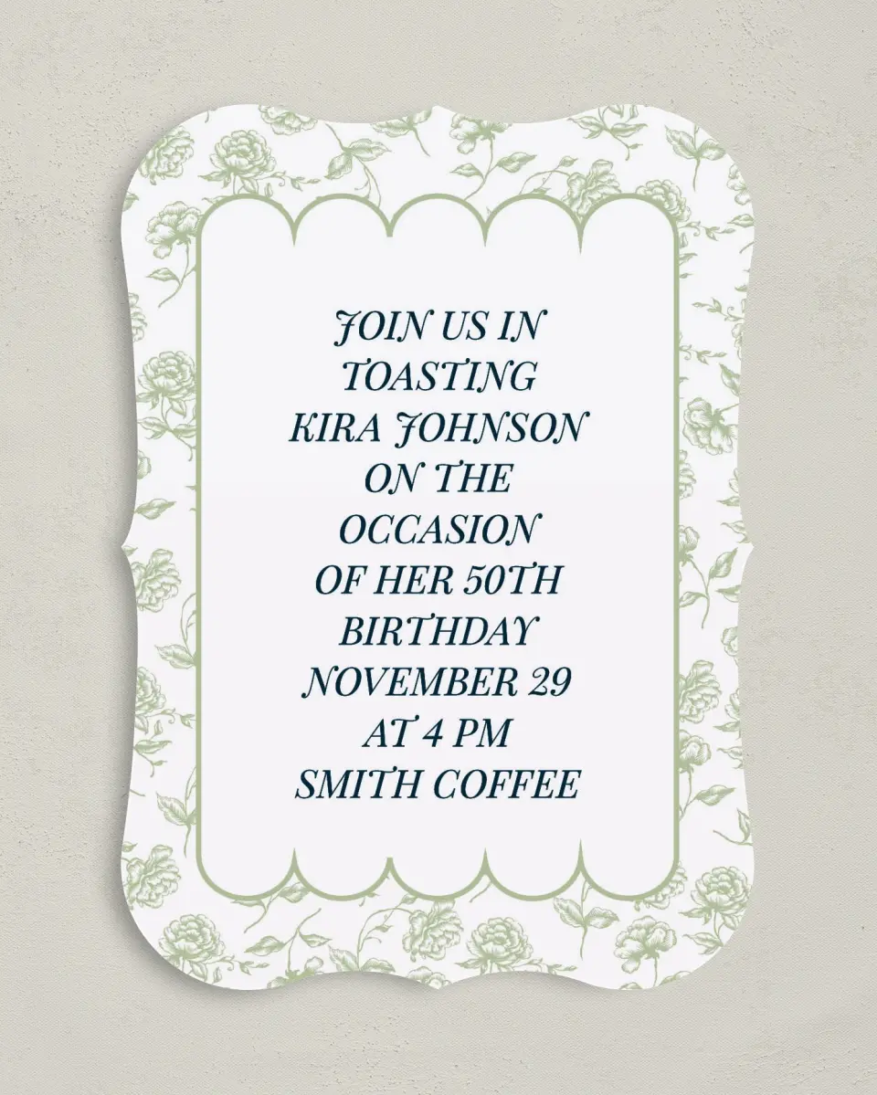 This is a 5" x 7" Birthday Party Invitation called Floral Scallops printed in full color with Gold foil on Luxe Satin (coated) paper
