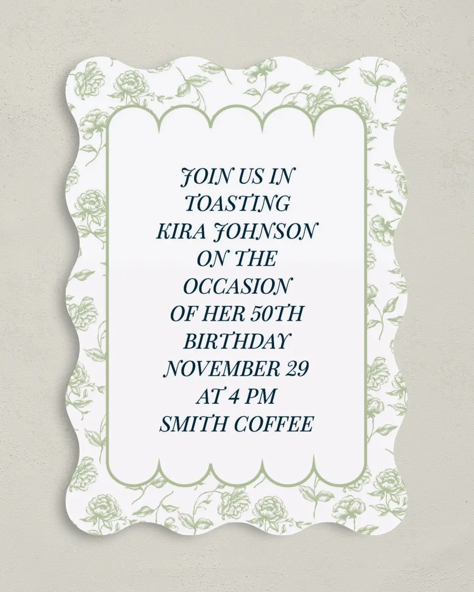 This is a 5" x 7" Birthday Party Invitation called Floral Scallops printed in full color on Premium Smooth paper