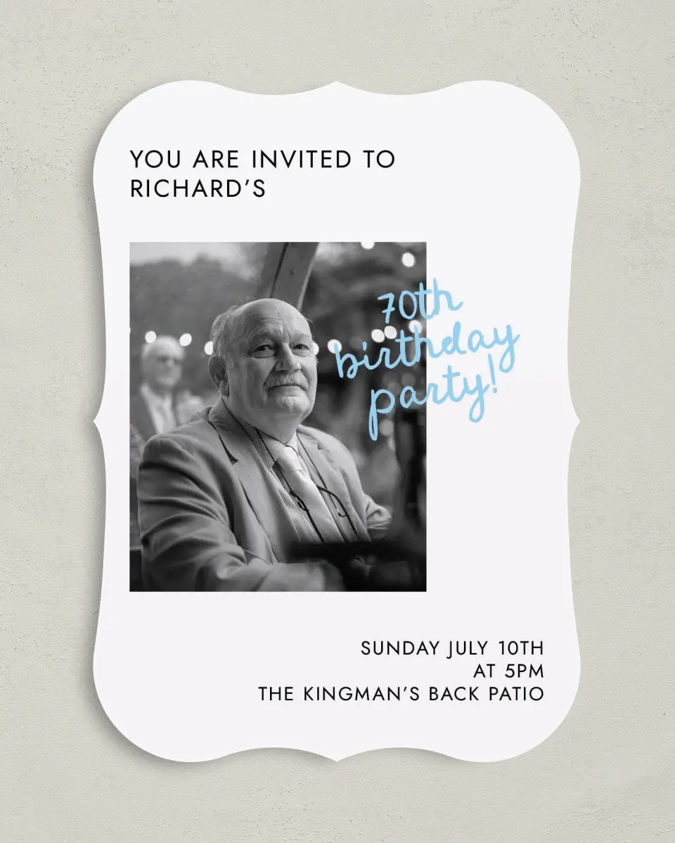 This is a 5" x 7" Birthday Party Invitation called Older and Wiser printed in full color with Gold foil on Luxe Satin (coated) paper