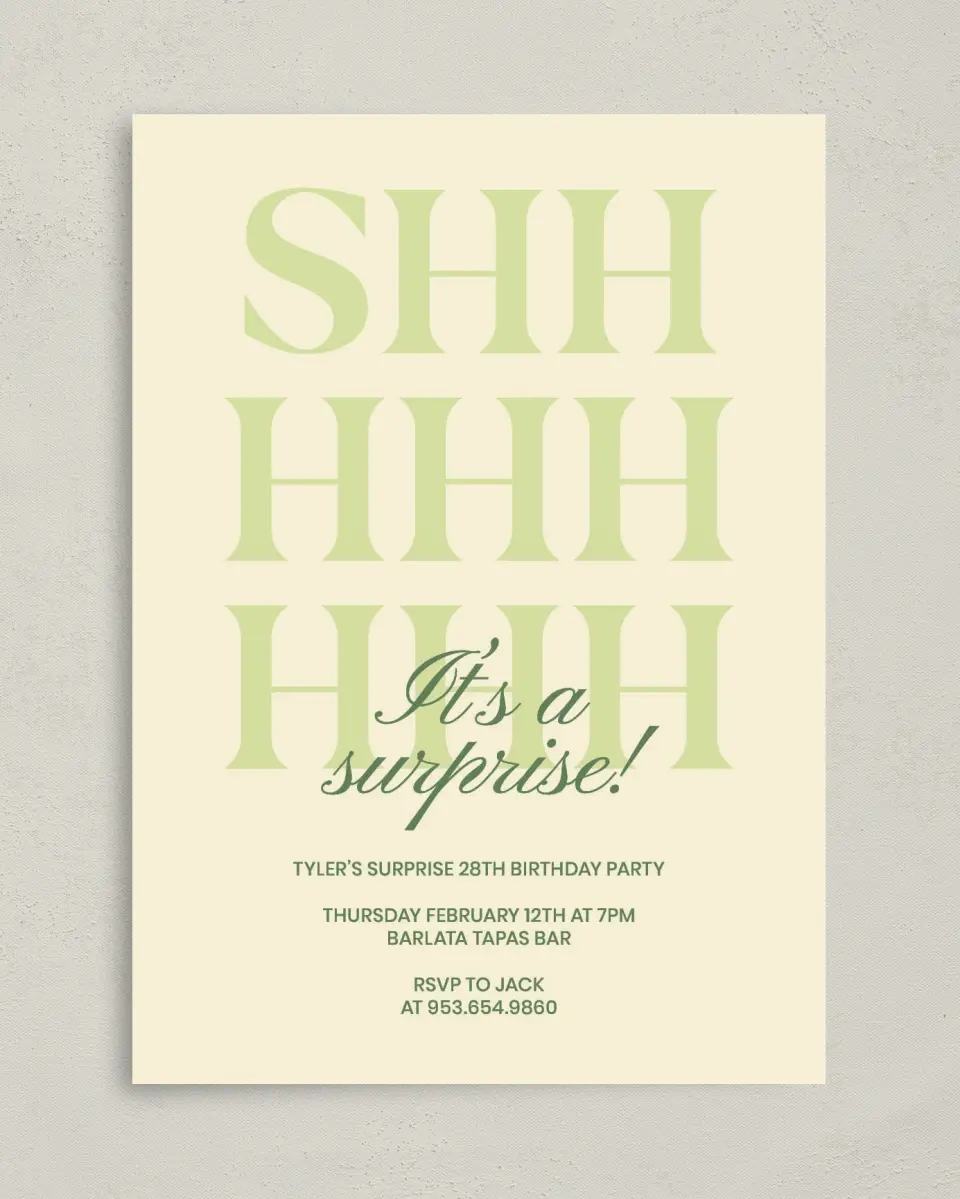 This is a 5" x 7" Birthday Party Invitation called Surprise Party! printed in full color on Premium Smooth paper