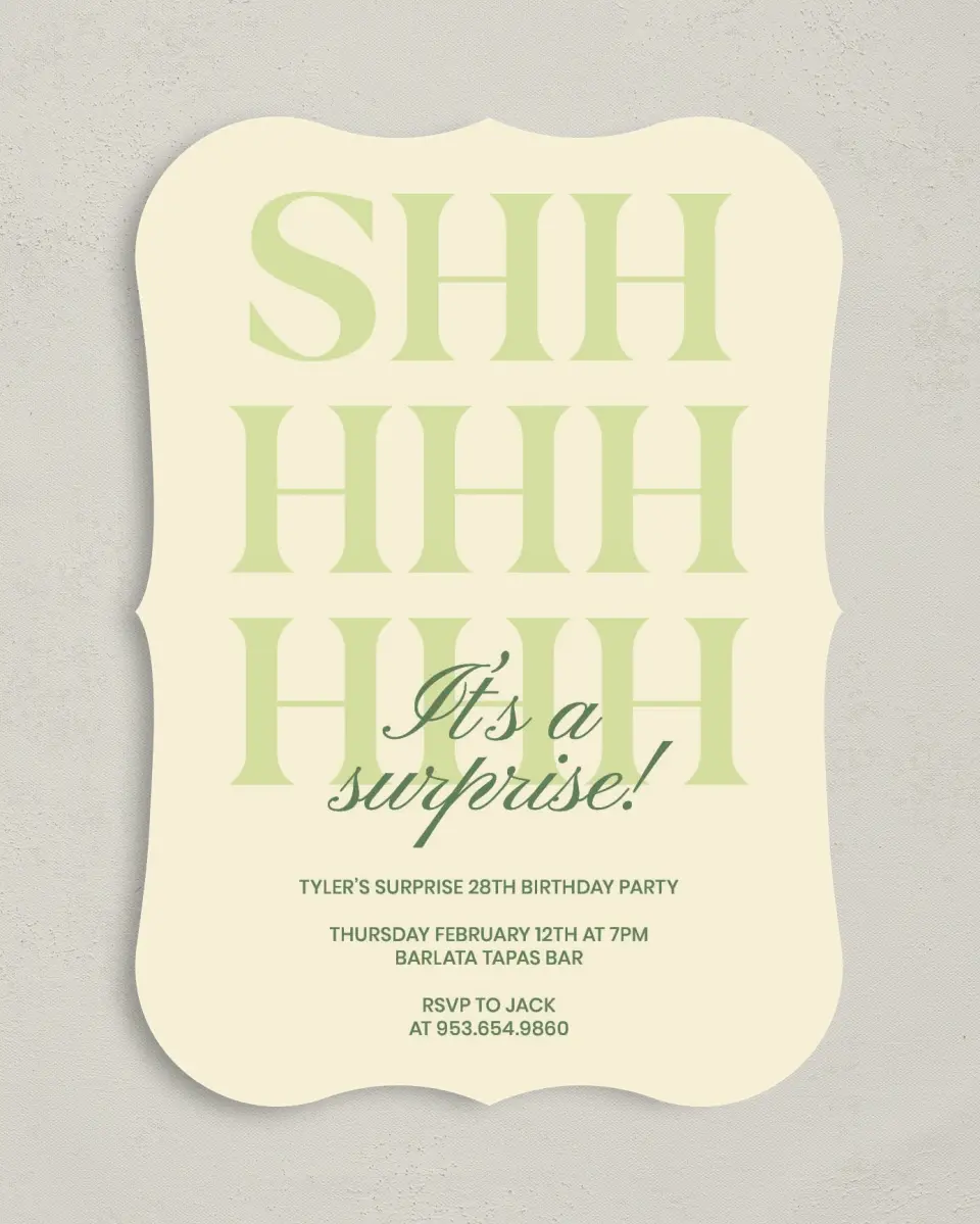 This is a 5" x 7" Birthday Party Invitation called Surprise Party! printed in full color with Gold foil on Luxe Satin (coated) paper