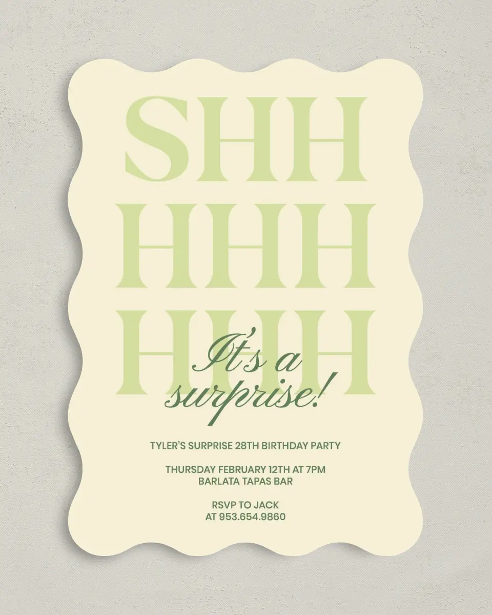 This is a 5" x 7" Birthday Party Invitation called Surprise Party! printed in full color on Premium Smooth paper
