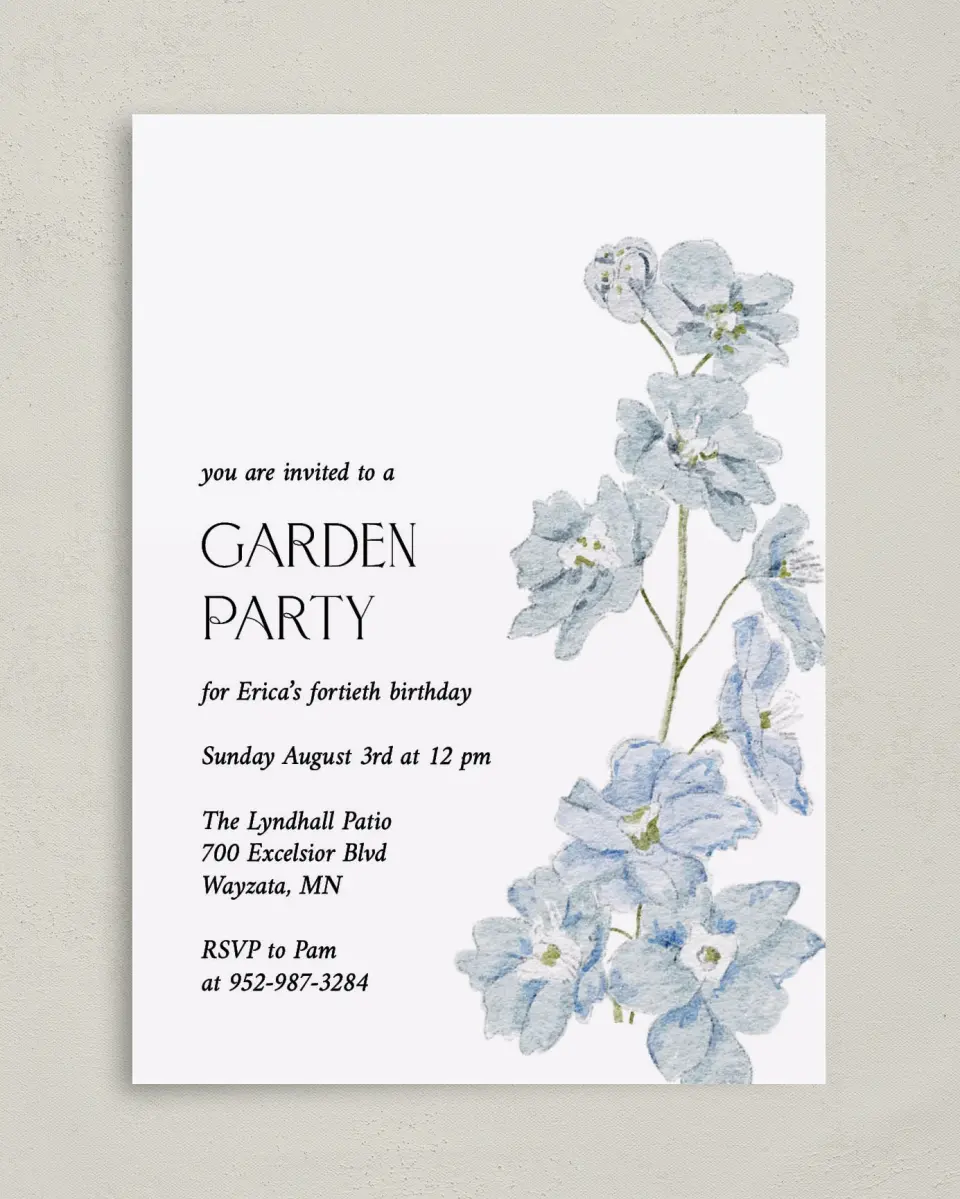 This is a 5" x 7" Birthday Party Invitation called Garden Birthday printed in full color on Premium Smooth paper