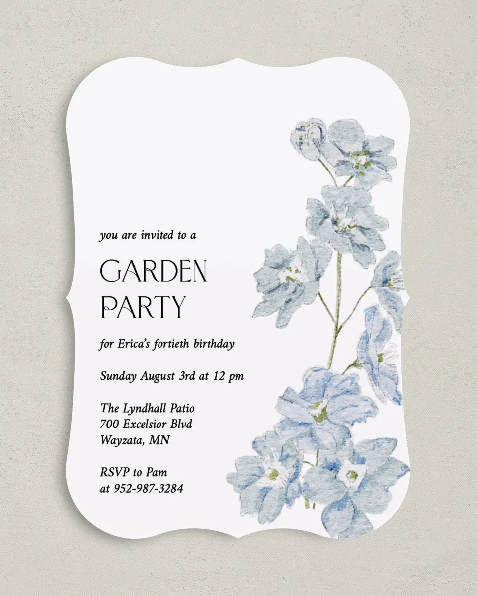 This is a 5" x 7" Birthday Party Invitation called Garden Birthday printed in full color with Gold foil on Luxe Satin (coated) paper
