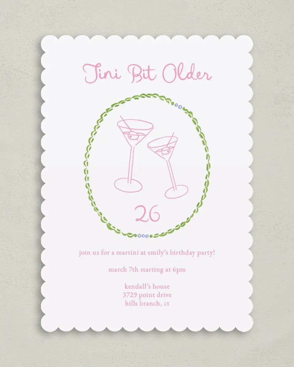 This is a 5" x 7" Birthday Party Invitation called Tini Bit Older printed in full color on Premium Smooth paper