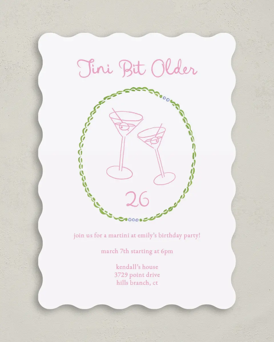 This is a 5" x 7" Birthday Party Invitation called Tini Bit Older printed in full color on Premium Smooth paper