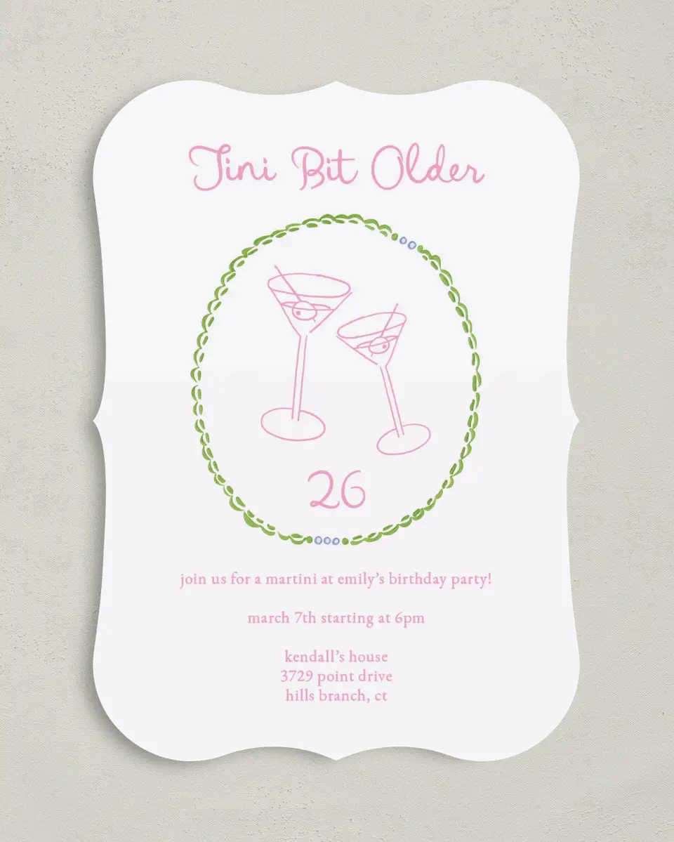 This is a 5" x 7" Birthday Party Invitation called Tini Bit Older printed in full color with Gold foil on Luxe Satin (coated) paper