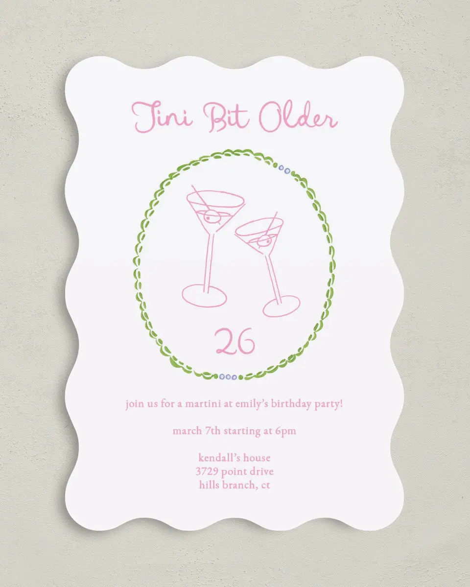 This is a 5" x 7" Birthday Party Invitation called Tini Bit Older printed in full color on Premium Smooth paper