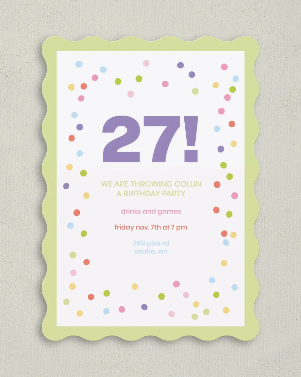 This is a 5" x 7" Birthday Party Invitation called Confietti Fun printed in full color on Premium Smooth paper