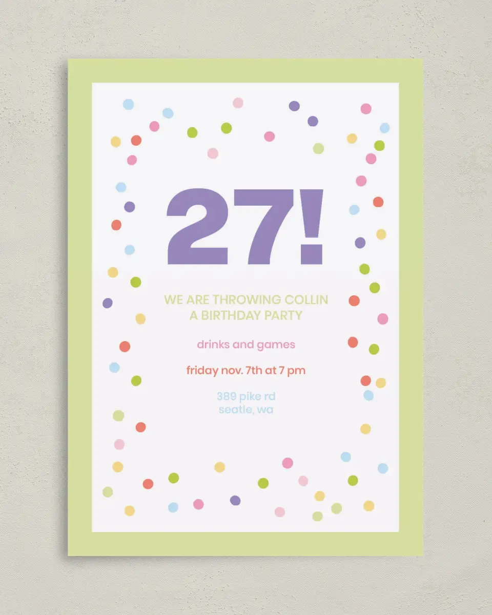 This is a 5" x 7" Birthday Party Invitation called Confetti Fun printed in full color on Premium Smooth paper