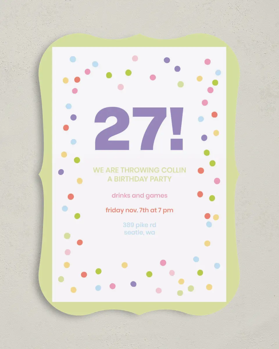 This is a 5" x 7" Birthday Party Invitation called Confietti Fun printed in full color with Gold foil on Luxe Satin (coated) paper