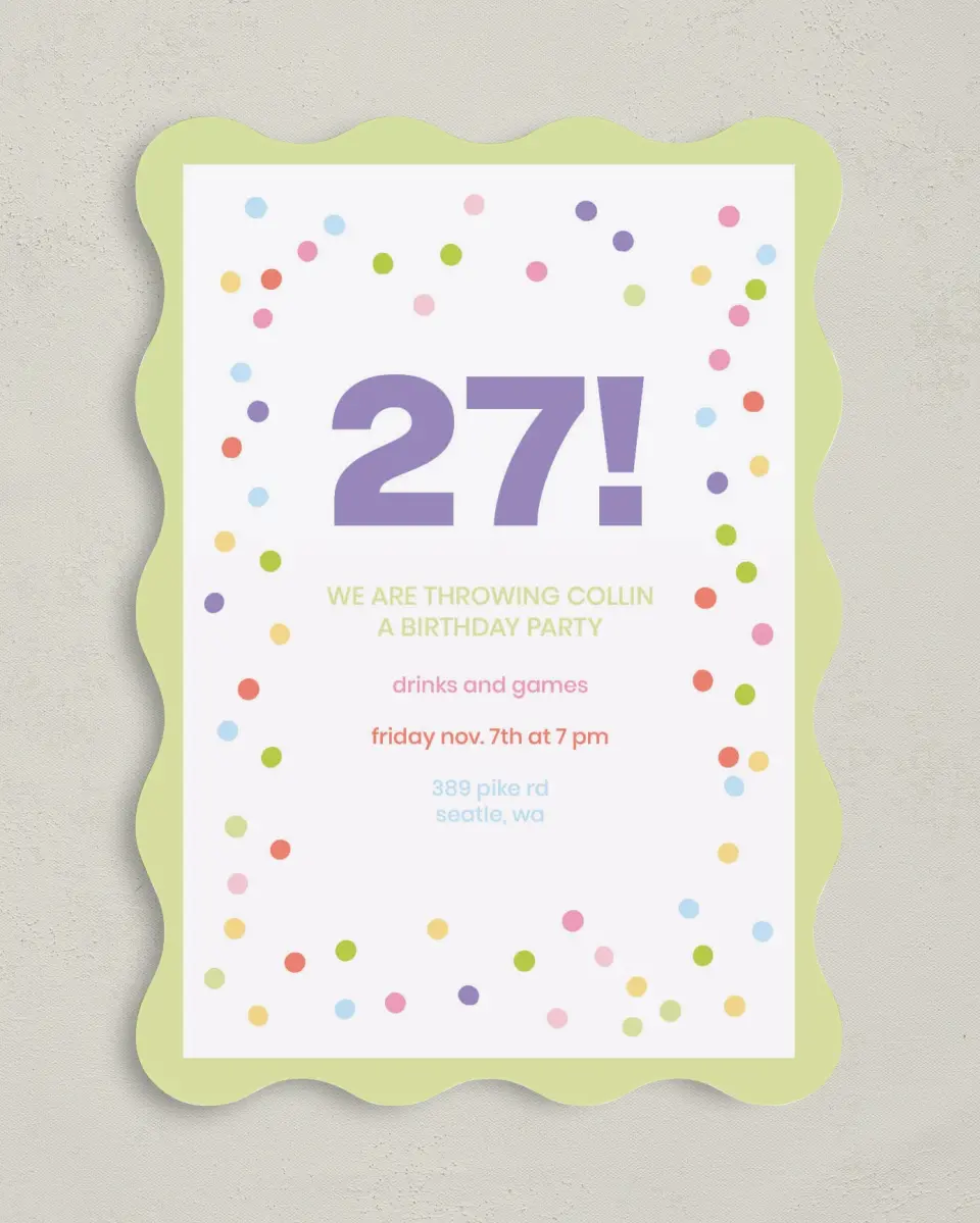 This is a 5" x 7" Birthday Party Invitation called Confietti Fun printed in full color on Premium Smooth paper