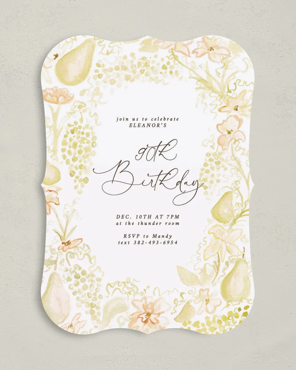 This is a 5" x 7" Birthday Party Invitation called Timeless Moments printed in full color with Gold foil on Luxe Satin (coated) paper