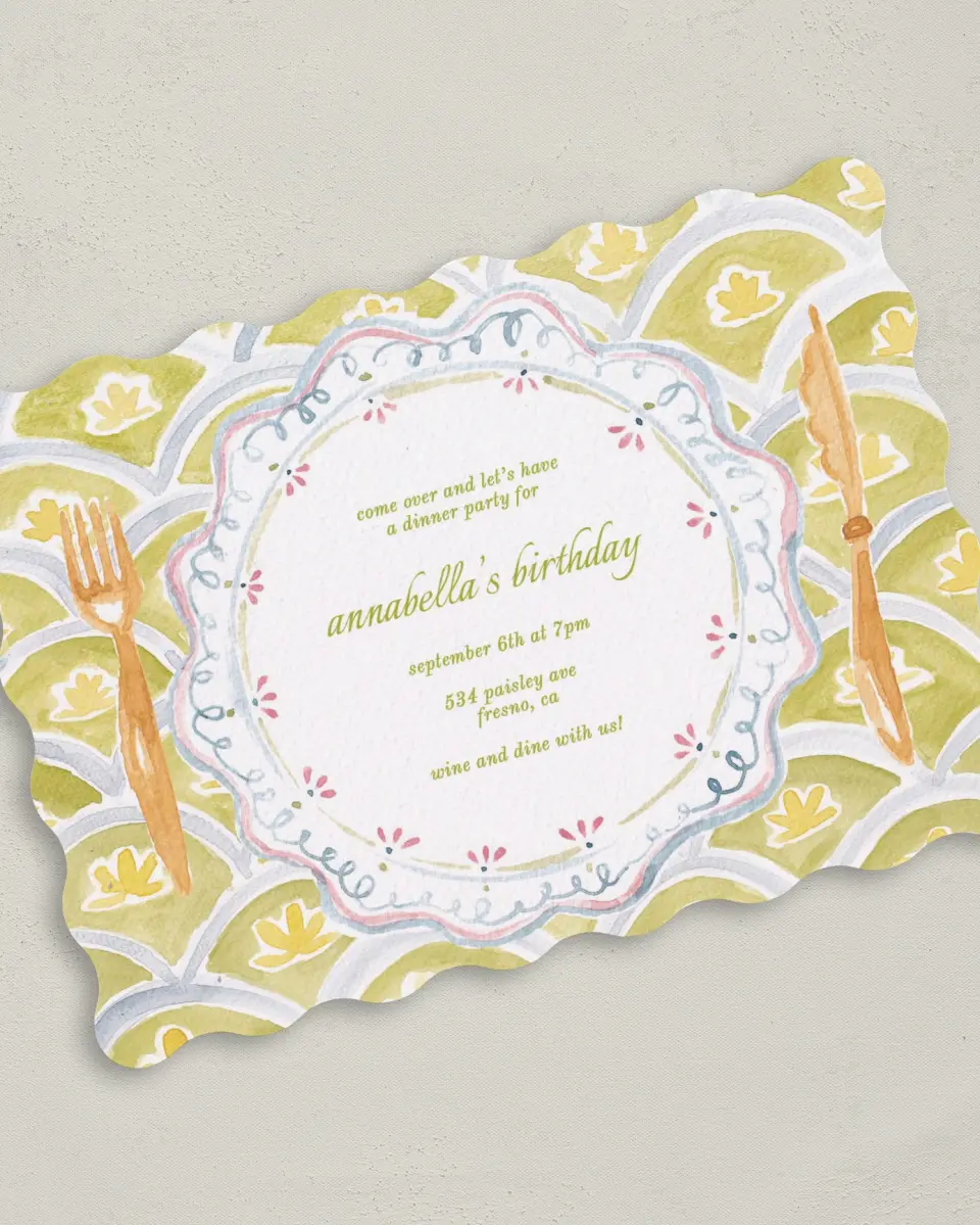 This is a 5" x 7" Birthday Party Invitation called Wine and Dine printed in full color on Premium Smooth paper