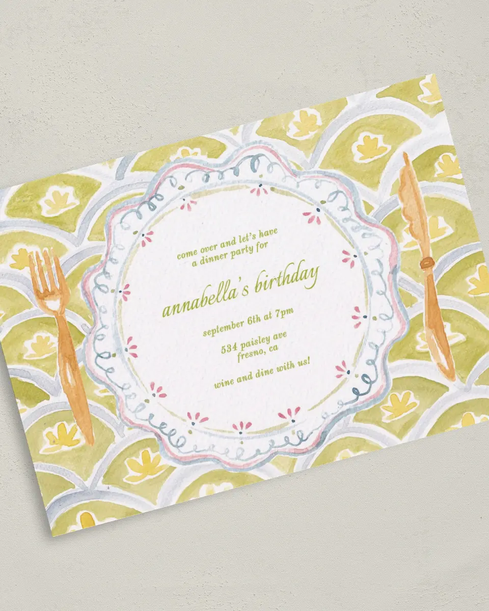 This is a 5" x 7" Birthday Party Invitation called Wine and Dine printed in full color on Premium Smooth paper