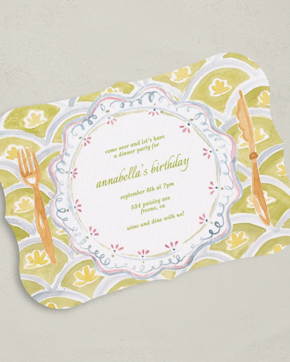 This is a 5" x 7" Birthday Party Invitation called Wine and Dine printed in full color with Gold foil on Luxe Satin (coated) paper