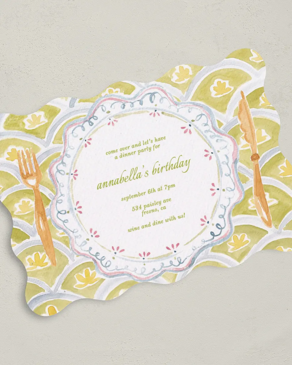 This is a 5" x 7" Birthday Party Invitation called Wine and Dine printed in full color on Premium Smooth paper