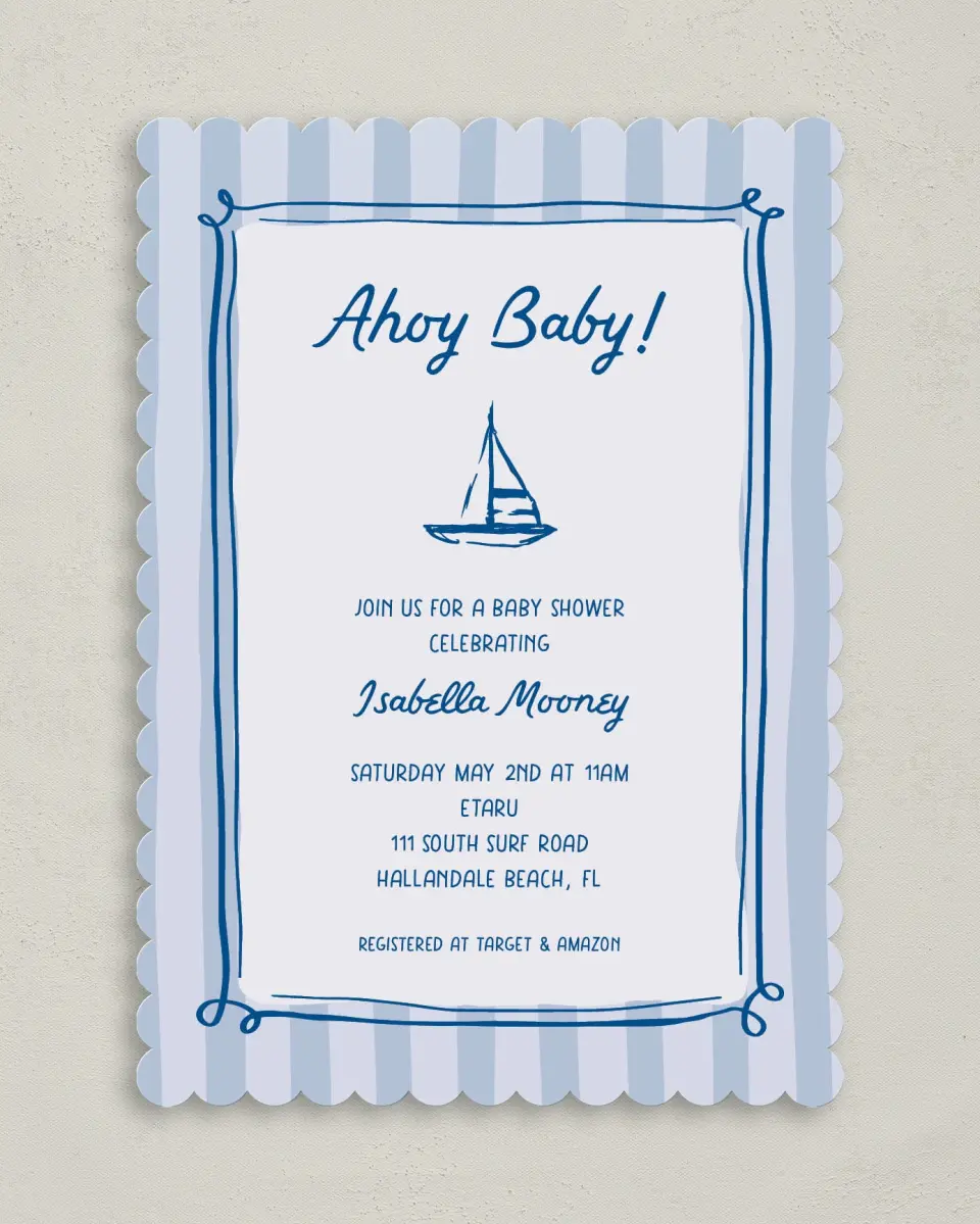 This is a 5" x 7" Baby Shower Invitation called Ahoy Baby printed in full color on Premium Smooth paper