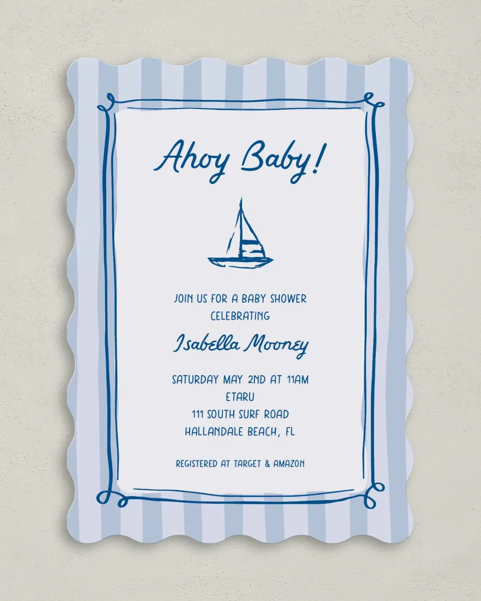 This is a 5" x 7" Baby Shower Invitation called Ahoy Baby printed in full color on Premium Smooth paper