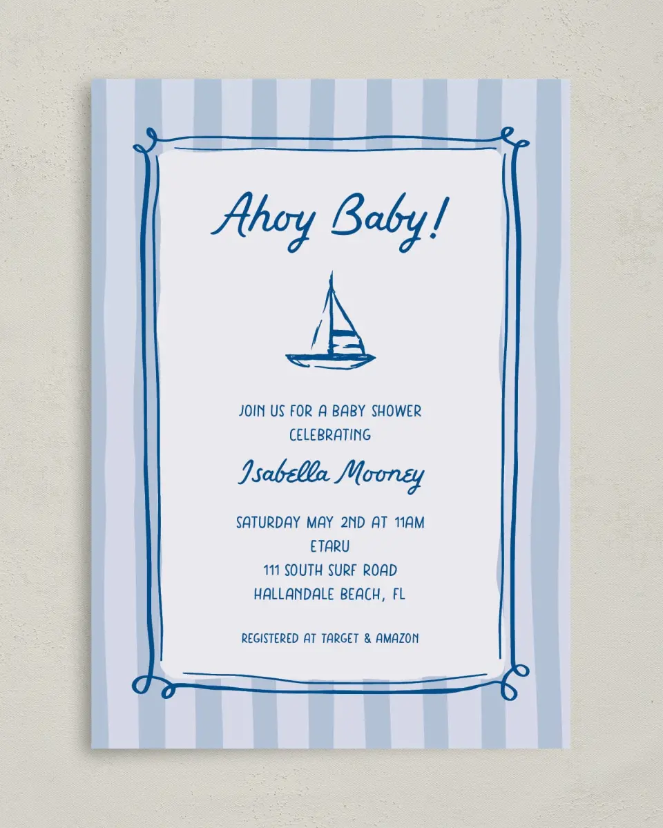 This is a 5" x 7" Baby Shower Invitation called Ahoy Baby printed in full color with Silver foil on Luxe Satin (coated) paper