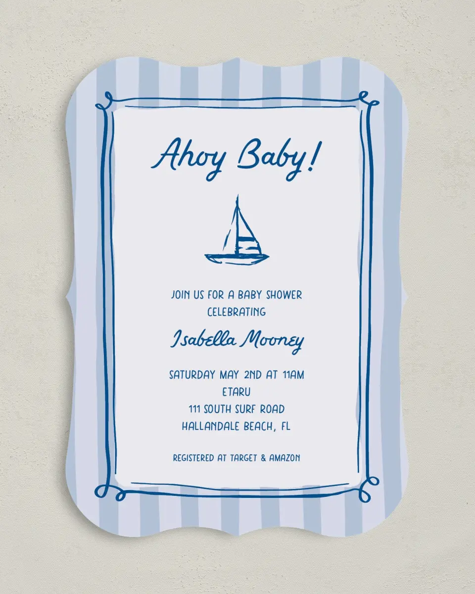 This is a 5" x 7" Baby Shower Invitation called Ahoy Baby printed in full color on Premium Smooth paper