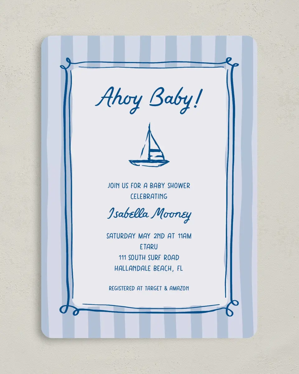 This is a 5" x 7" Baby Shower Invitation called Ahoy Baby printed in full color on Premium Smooth paper