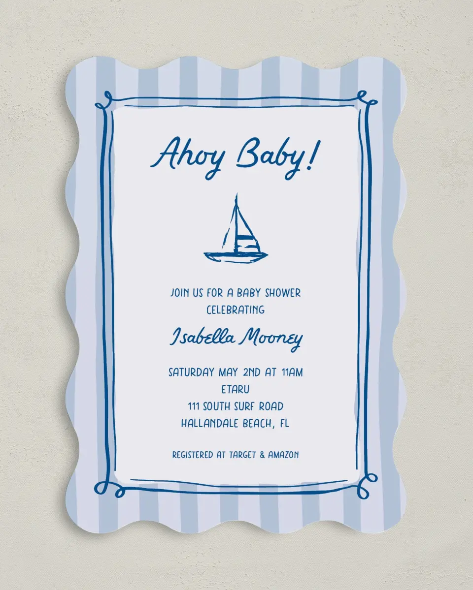 This is a 5" x 7" Baby Shower Invitation called Ahoy Baby printed in full color on Premium Smooth paper