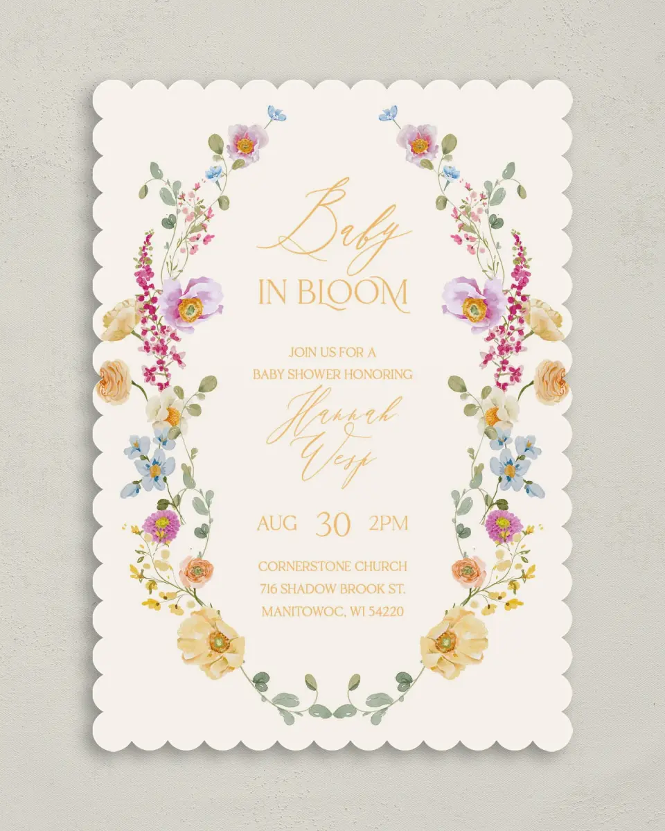 This is a 5" x 7" Bridal Shower Invitation called Colorful Blooms printed in full color on Premium Smooth paper