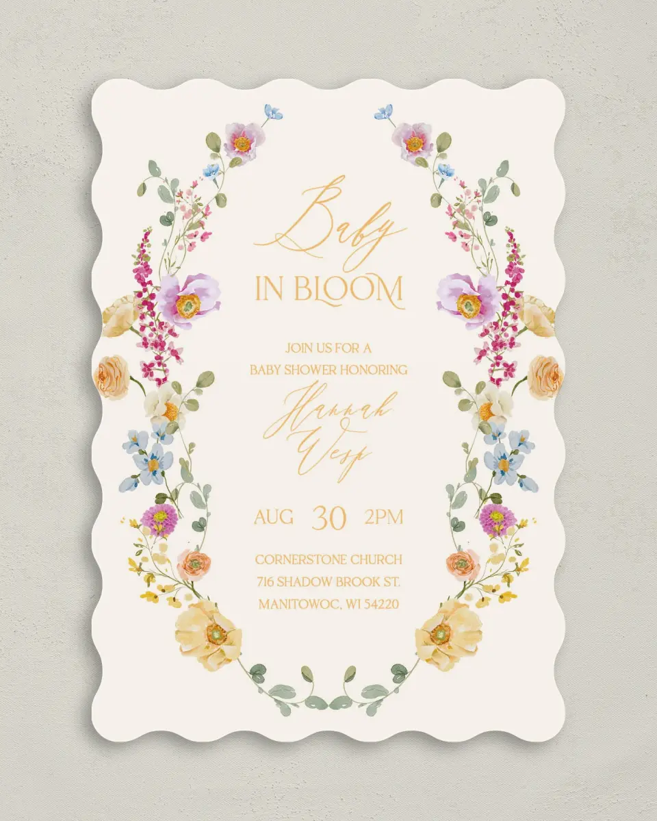 This is a 5" x 7" Baby Shower Invitation called Colorful Blooms printed in full color on Premium Smooth paper