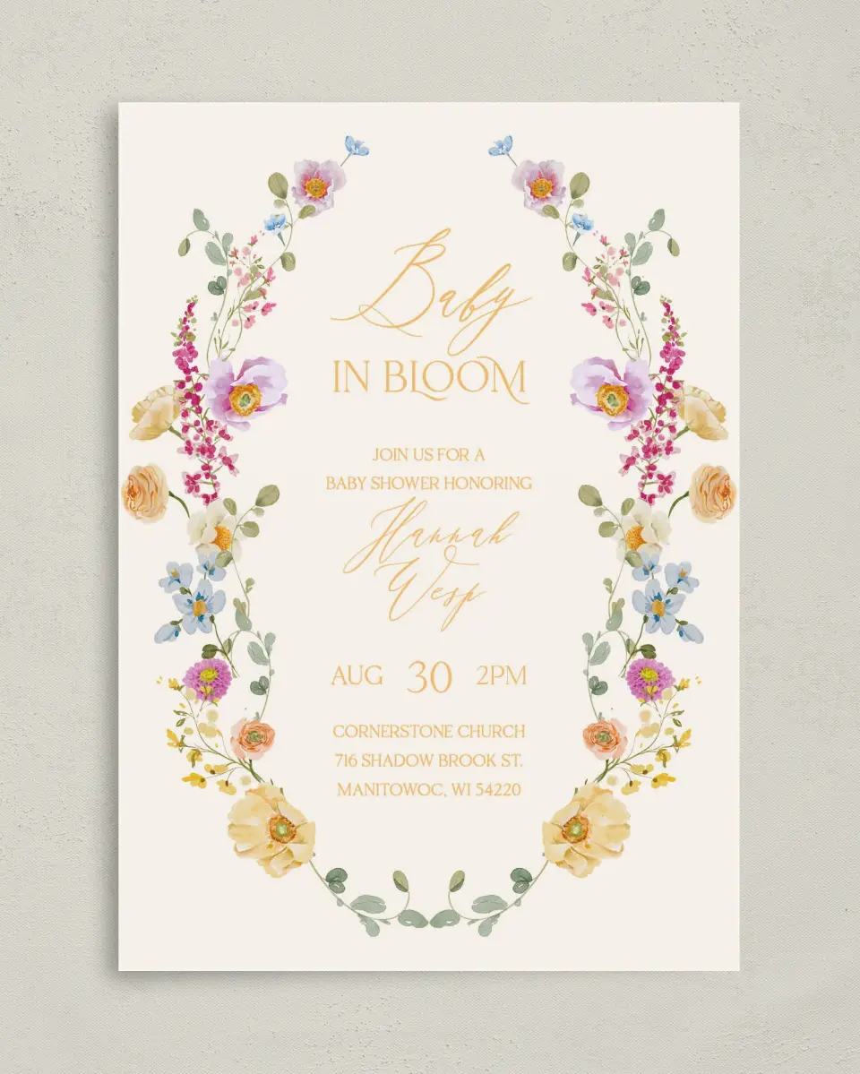 This is a 5" x 7" Bridal Shower Invitation called Colorful Blooms printed in full color on Premium Smooth paper