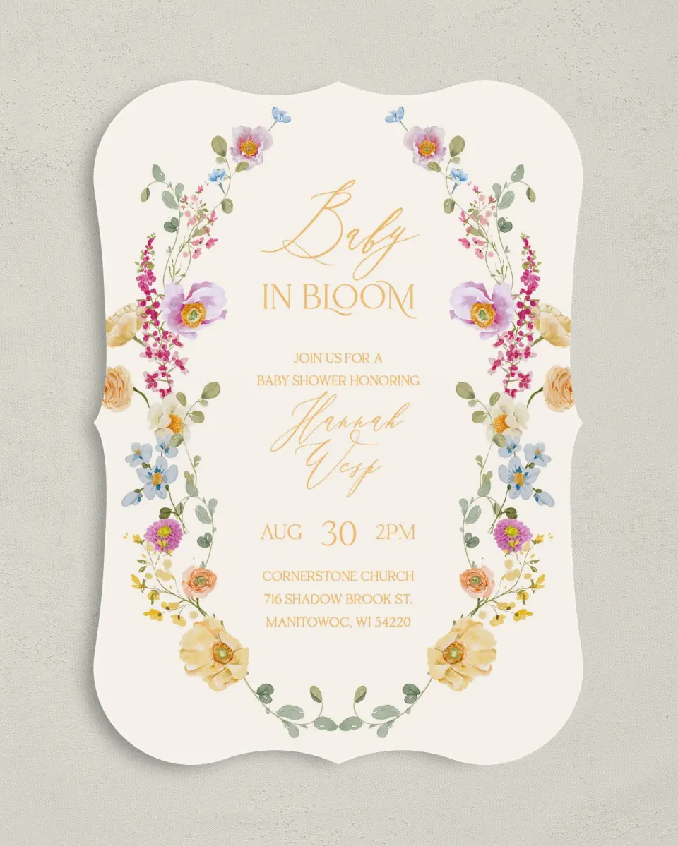 This is a 5" x 7" Baby Shower Invitation called Colorful Blooms printed in full color on Premium Smooth paper