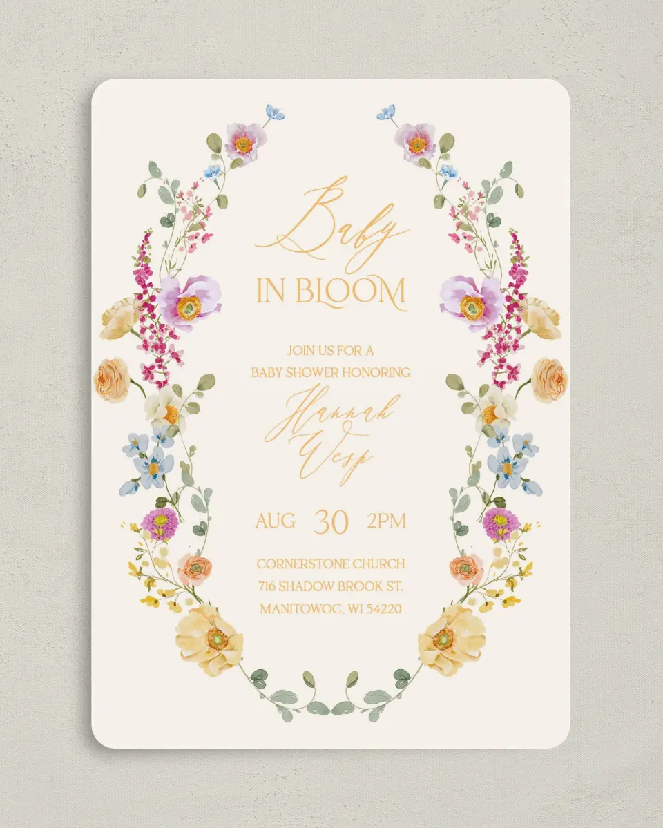 This is a 5" x 7" Bridal Shower Invitation called Colorful Blooms printed in full color on Premium Smooth paper