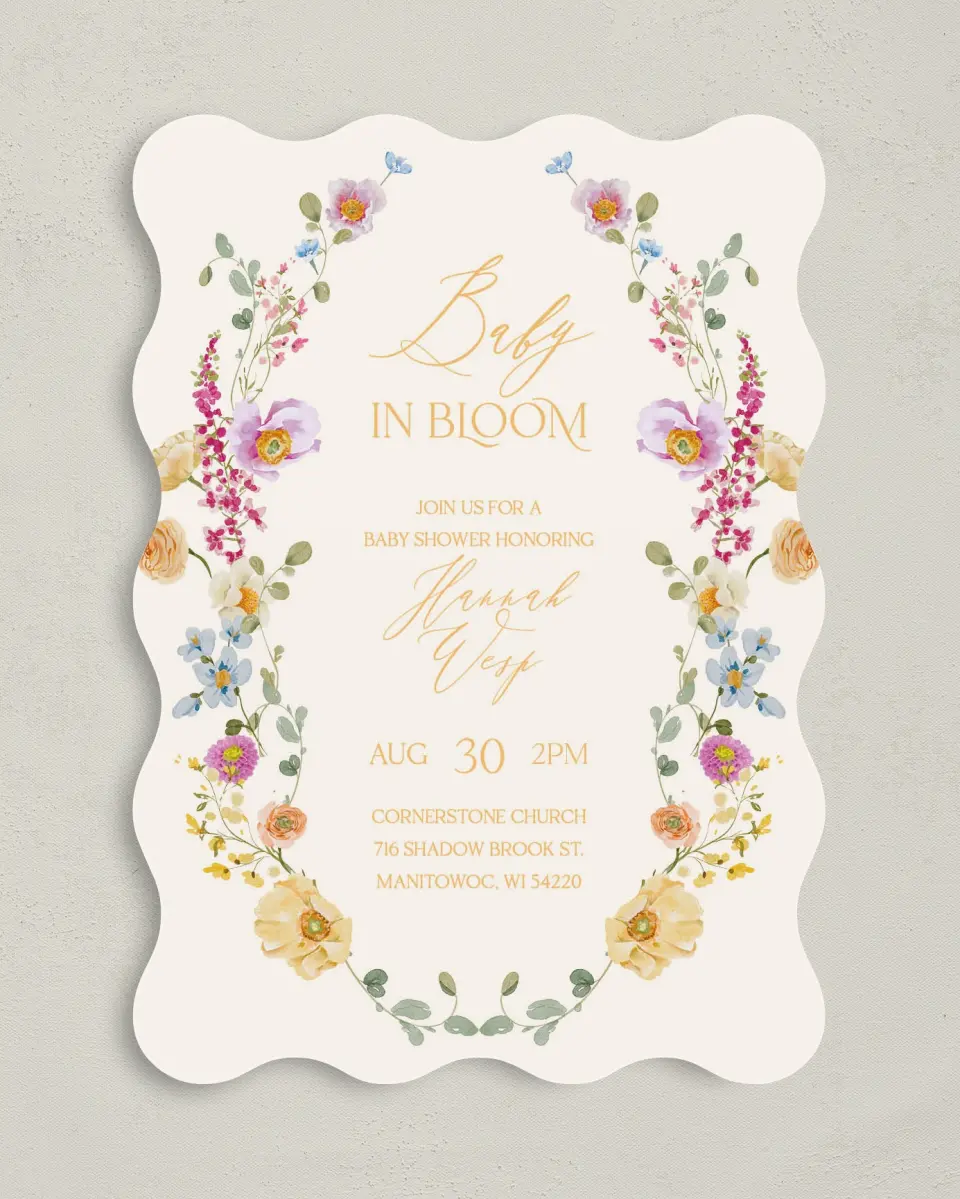 This is a 5" x 7" Baby Shower Invitation called Colorful Blooms printed in full color with Rose Gold foil on Luxe Satin (coated) paper