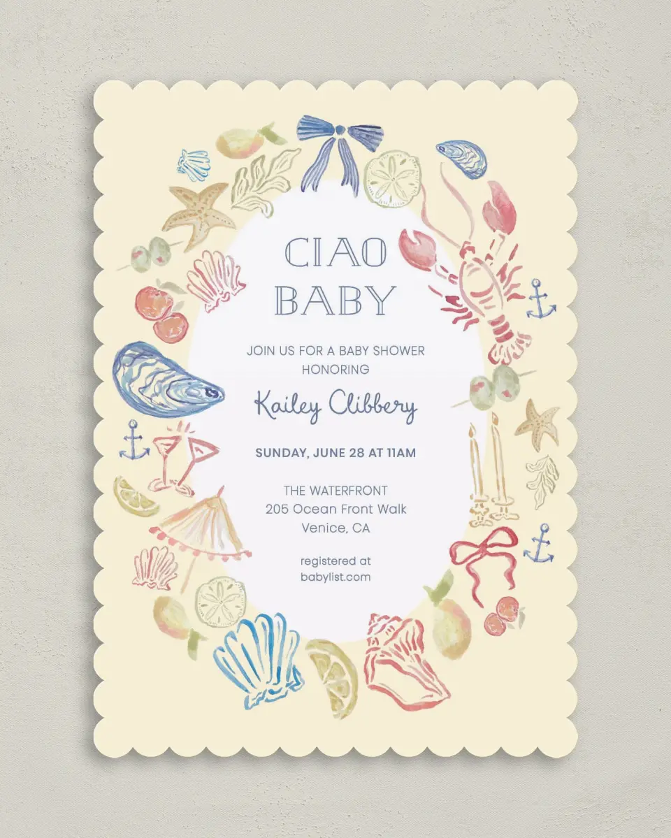 This is a 5" x 7" Bridal Shower Invitation called Ciao Baby printed in full color on Premium Smooth paper