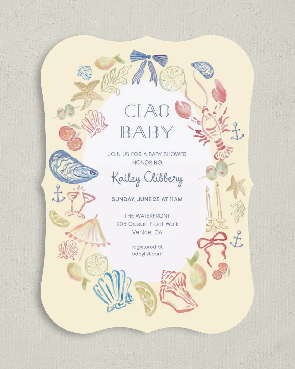 This is a 5" x 7" Baby Shower Invitation called Ciao Baby printed in full color on Premium Smooth paper