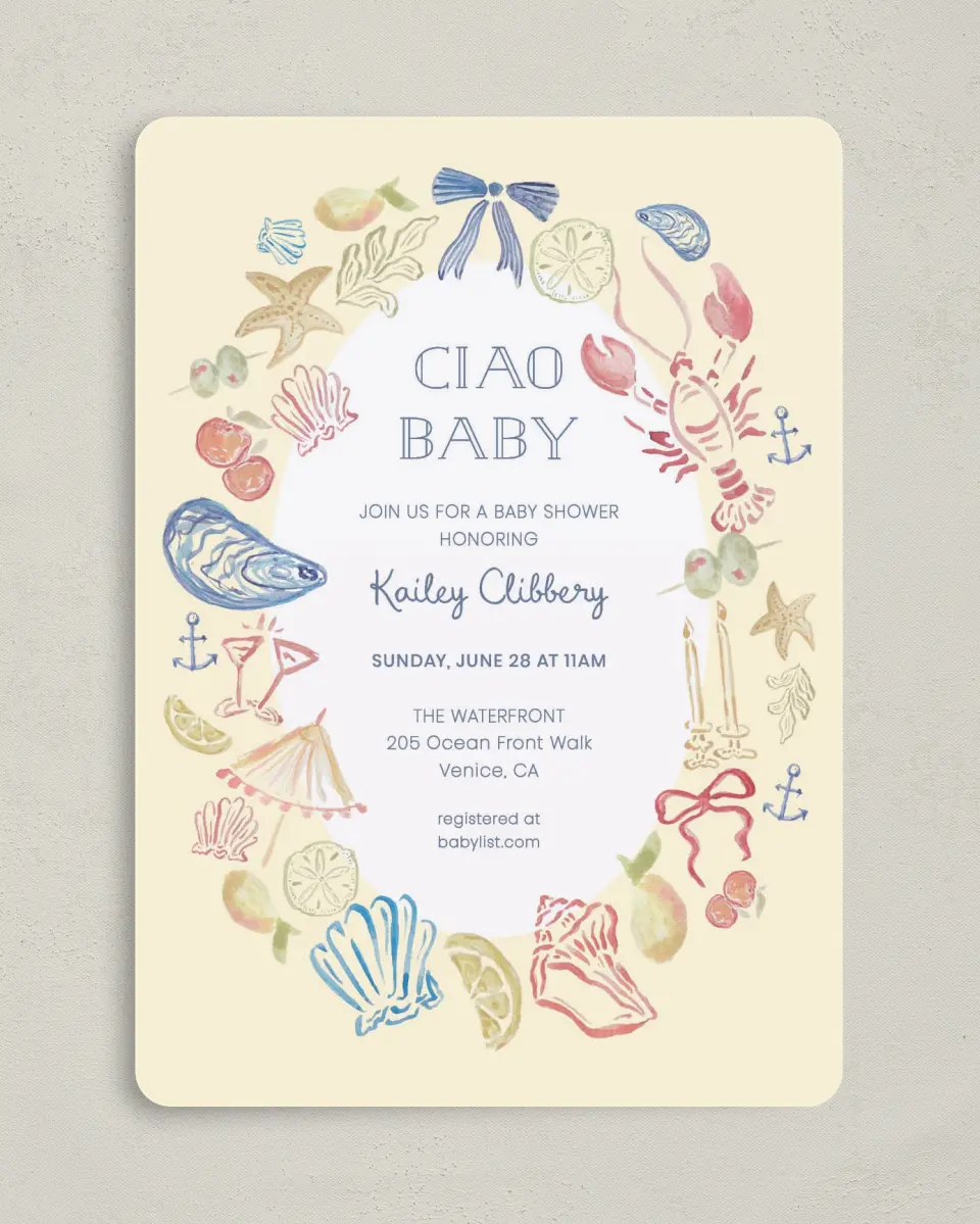This is a 5" x 7" Bridal Shower Invitation called Ciao Baby printed in full color on Premium Smooth paper