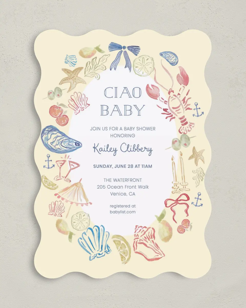 This is a 5" x 7" Baby Shower Invitation called Ciao Baby printed in full color on Premium Smooth paper