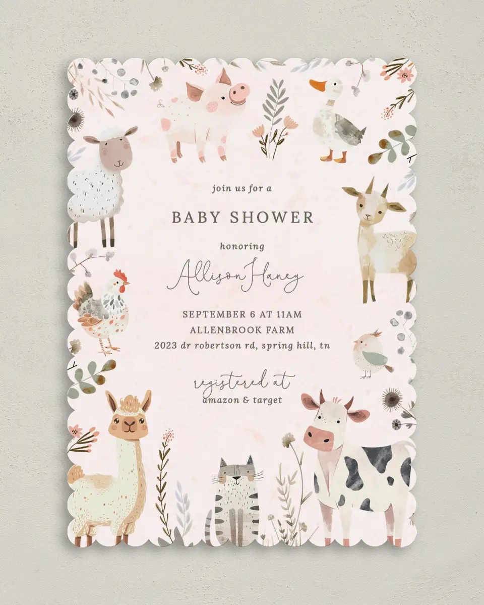 This is a 5" x 7" Baby Shower Invitation called Barnyard Baby printed in full color on Premium Smooth paper