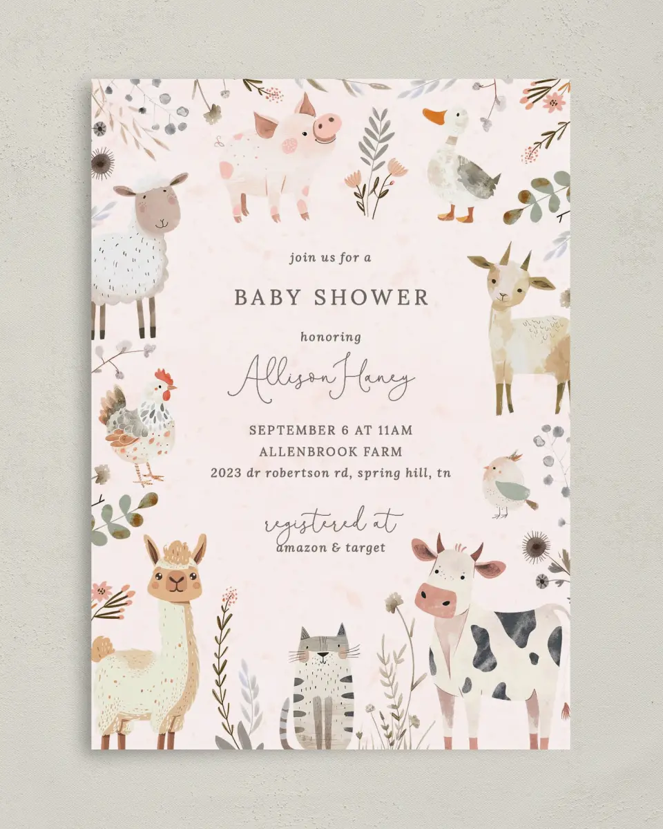 This is a 5" x 7" Baby Shower Invitation called Barnyard Baby printed in full color with Rose Gold foil on Luxe Satin (coated) paper