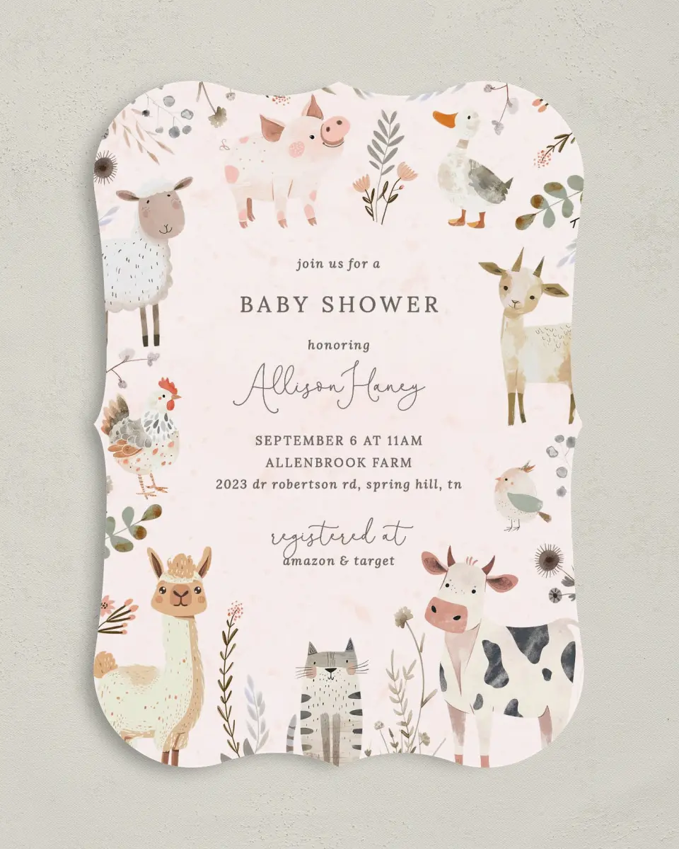 This is a 5" x 7" Baby Shower Invitation called Barnyard Baby printed in full color on Premium Smooth paper