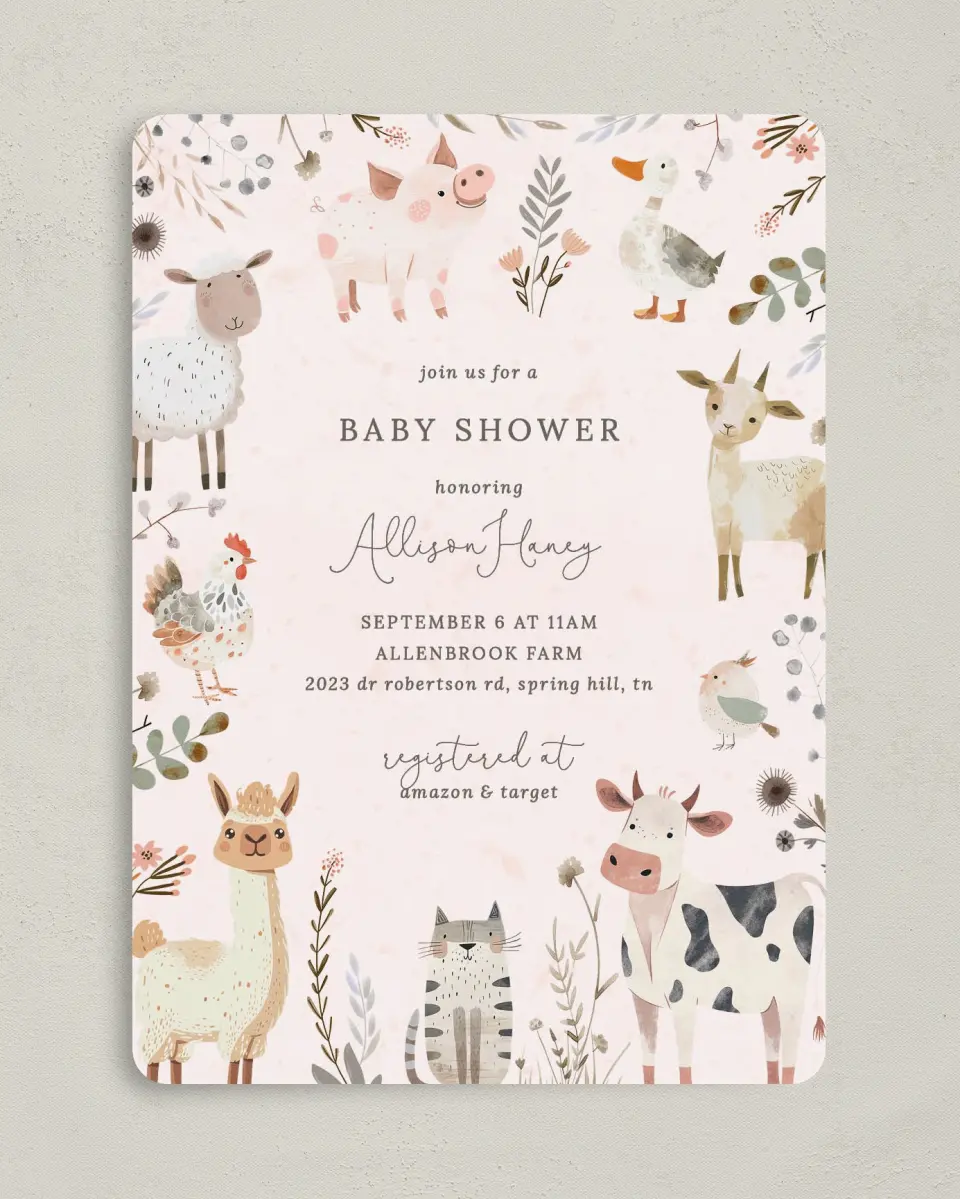 This is a 5" x 7" Baby Shower Invitation called Barnyard Baby printed in full color on Premium Smooth paper