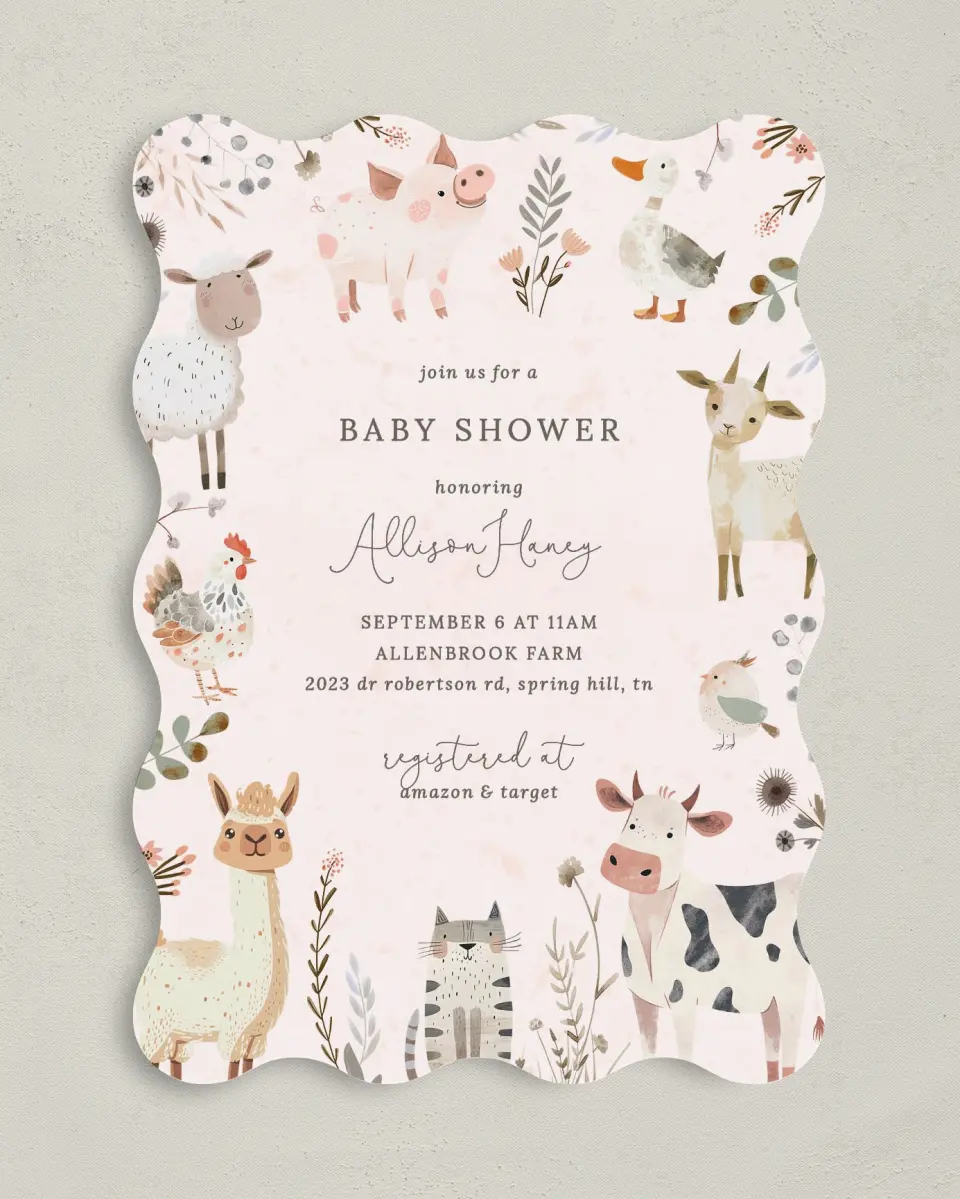 This is a 5" x 7" Baby Shower Invitation called Barnyard Baby printed in full color on Premium Smooth paper