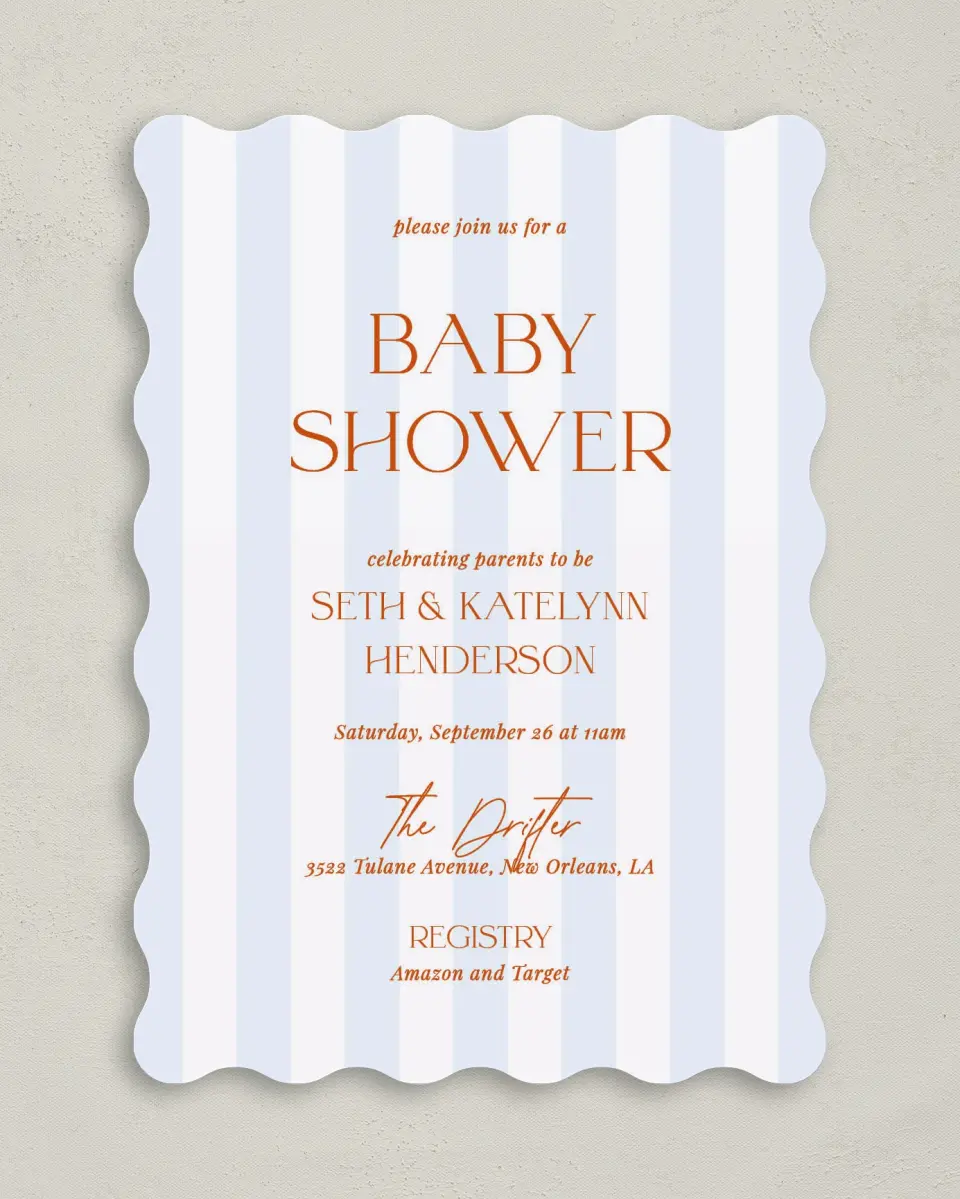 This is a 5" x 7" Baby Shower Invitation called Sweet Stripes printed in full color on Premium Smooth paper